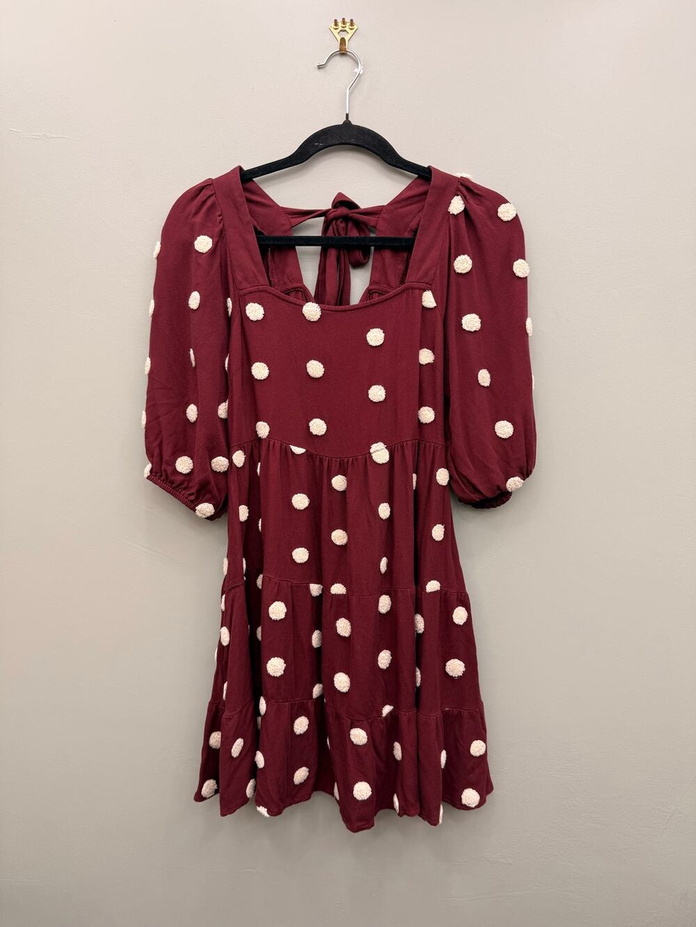 Blu Pepper Burgundy Polka Dot Mini Dress Small Puff Sleeve Babydoll Boho